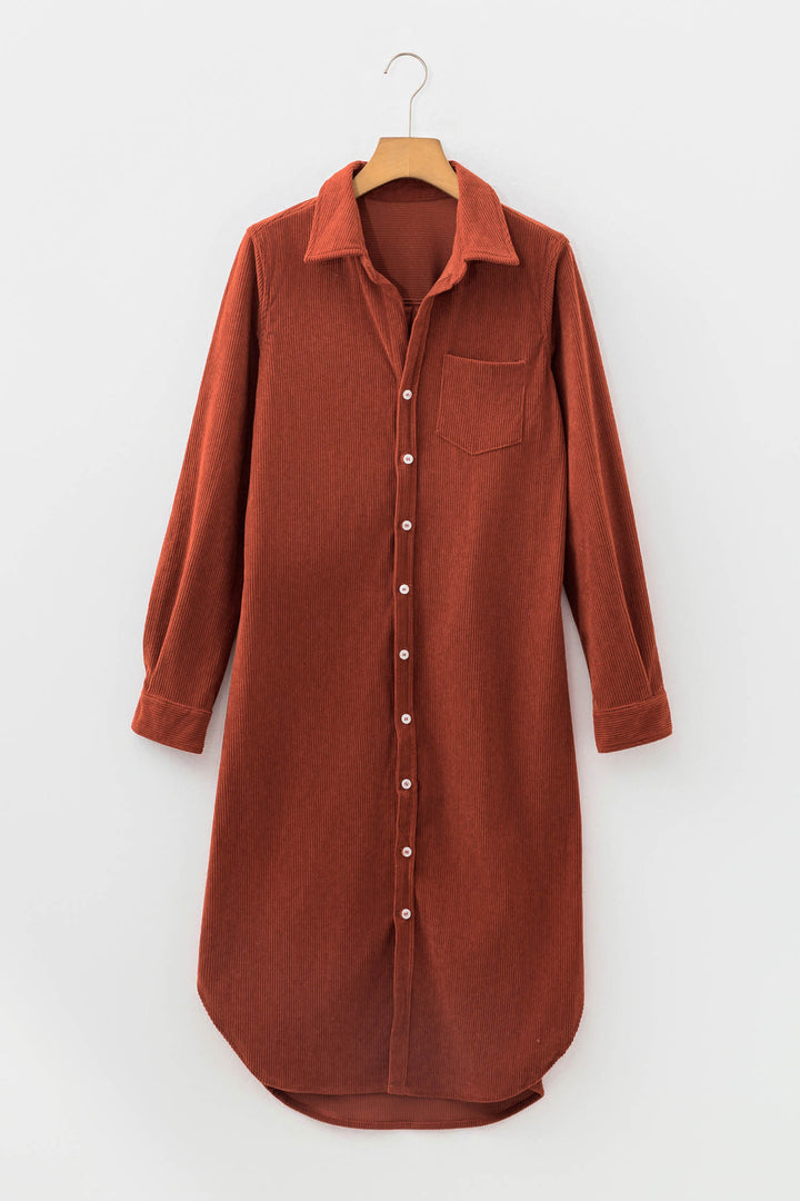 Clay Long Sleeve Button Down Corduroy Midi Length One Piece Dress