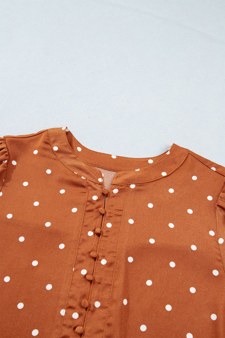 Brown Polka Dot V Neck Long Sleeve Blouse