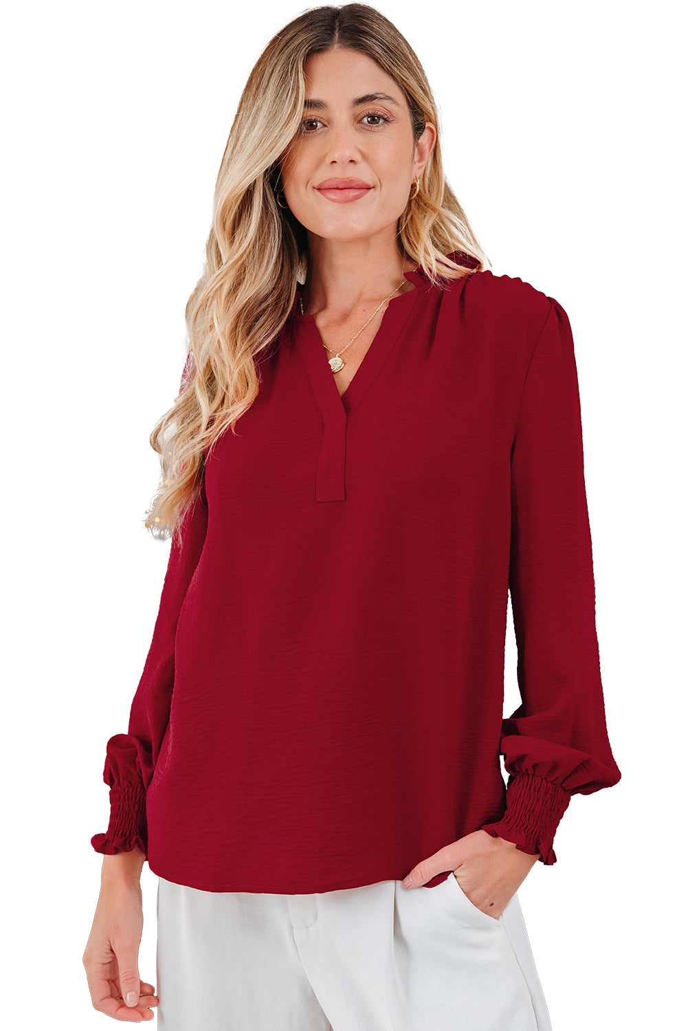 Notched Neck Shirred Cuff Long Sleeve Blouse