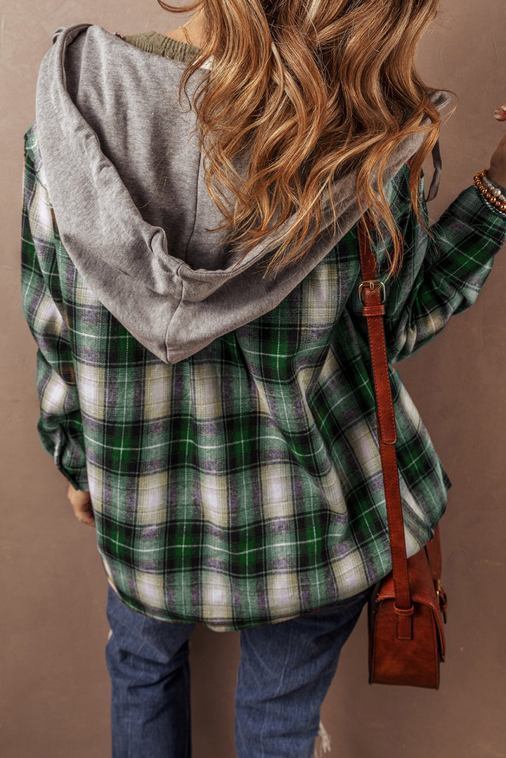 Veste à capuche boutonnée avec poche poitrine et imprimé écossais