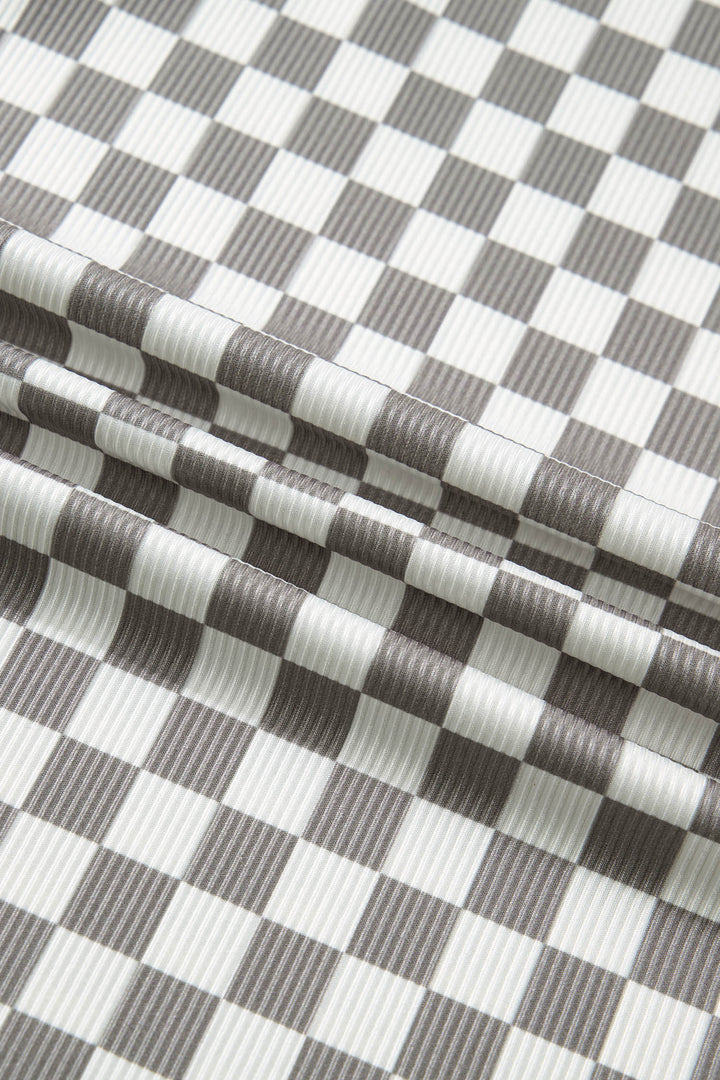 Gray Checkered Print Textured Halter Tank Top