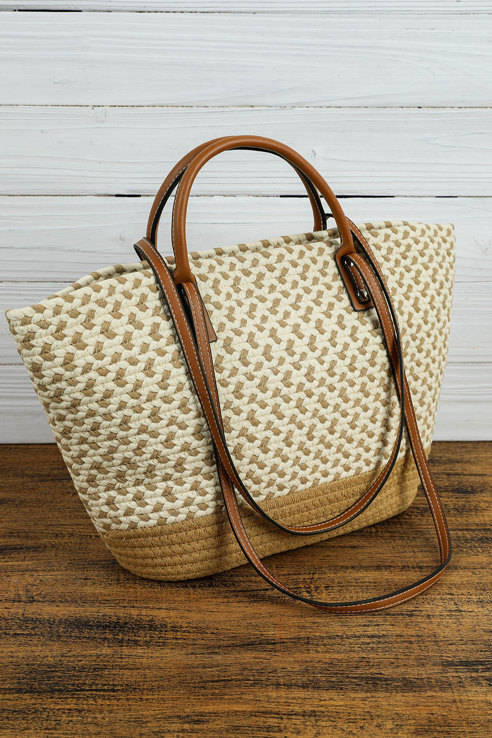 Contrast Woven Leather Handle Single Shoulder Bag