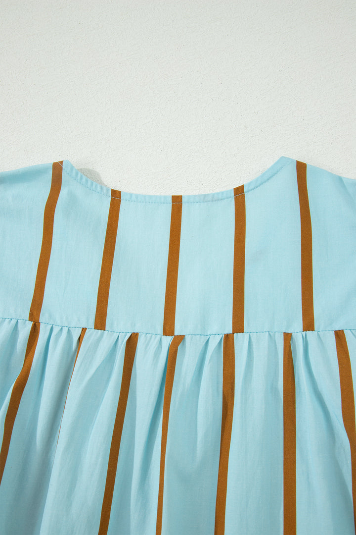 Sky Blue Stripe Ricrac Trim Double Ruffled Short Sleeve V Neck Blouse