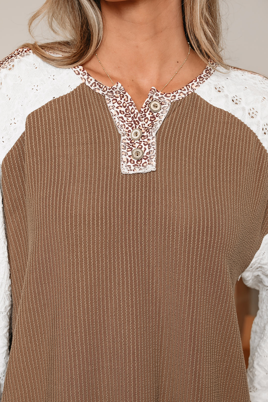 Twisted Ribbed Leopard Lace Contrast Patchwork Long Sleeve Top