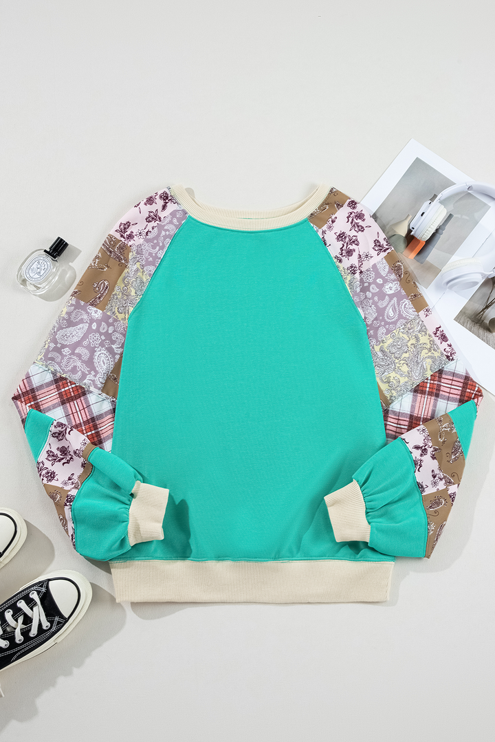 Plaid Vintage Paisley Patchwork Long Sleeve Raglan Top