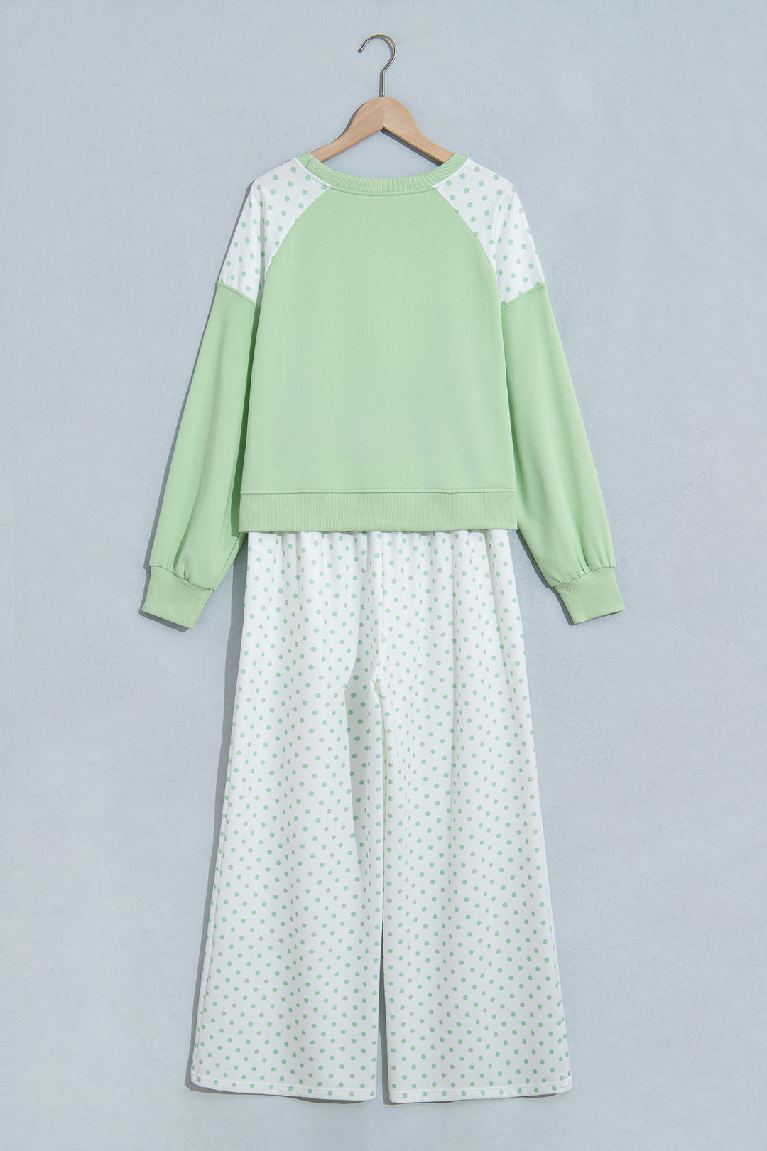 Green Polka Dot Patchwork Colorblock Long Sleeve Casual Two Piece Pants Set