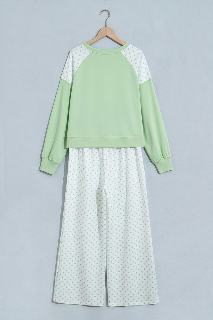 Green Polka Dot Patchwork Colorblock Long Sleeve Casual Two Piece Pants Set