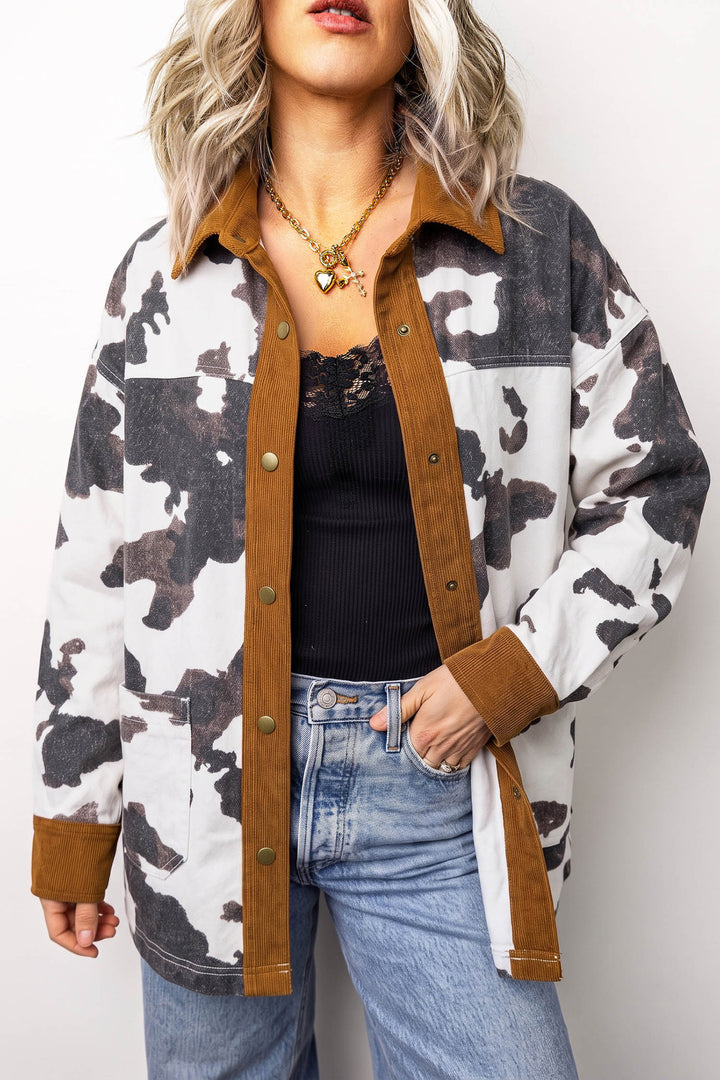 Multicolour Western Cow Print Button-Up Denim Jacket
