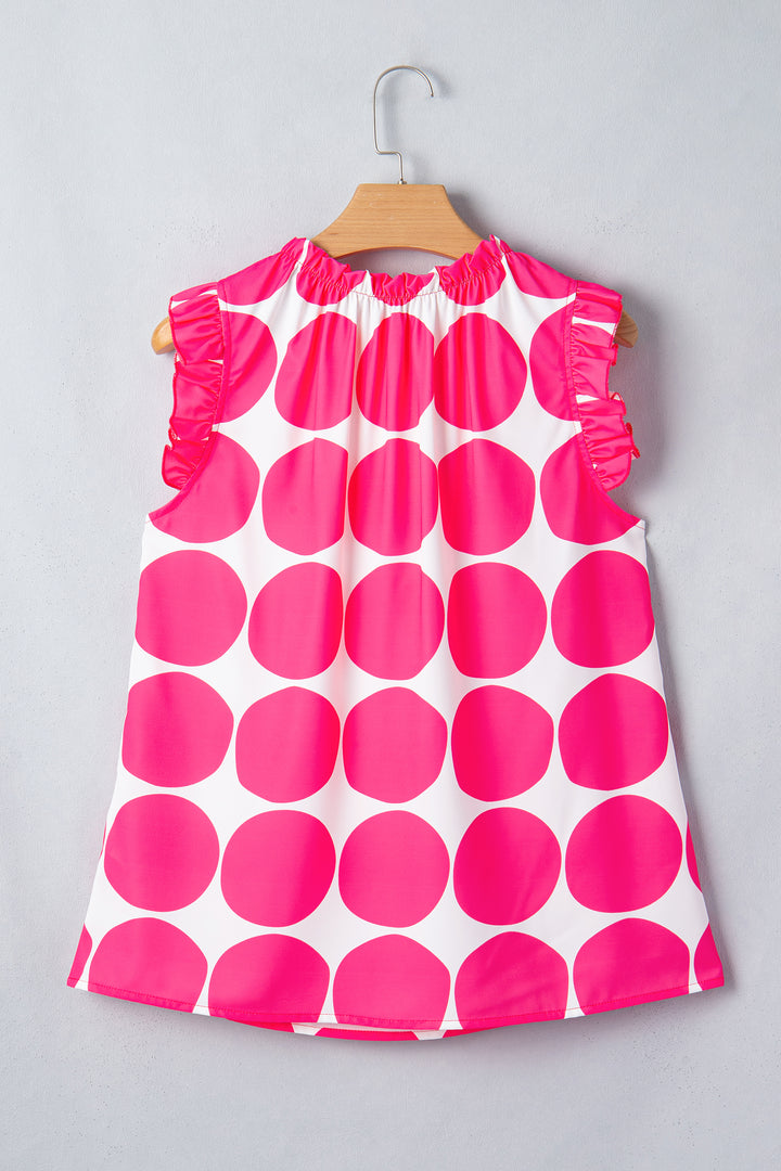Rose Polka Dot Print Frilled Round Neck Shift Tank Top