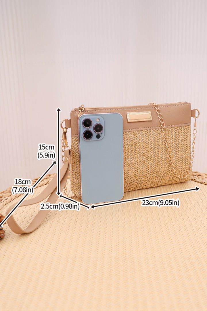 Light French Beige PU Leather Patchwork Faux Straw Woven Single Shoulder Bag
