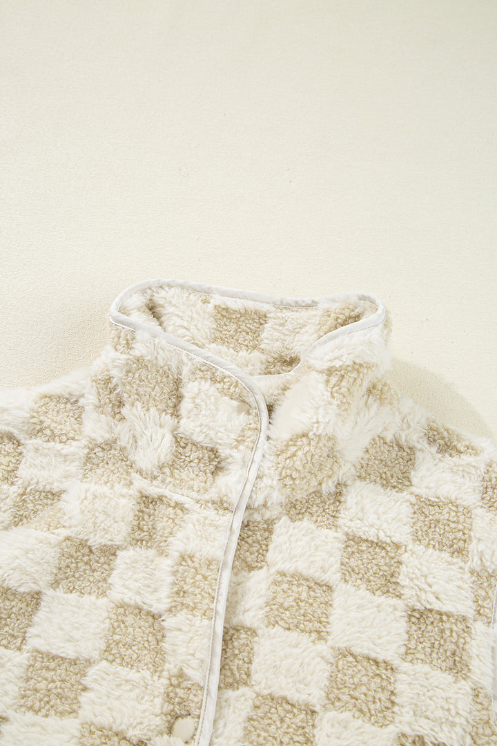 Khaki Sherpa Checkerboard Snap Button Vest Jacket With Pocket
