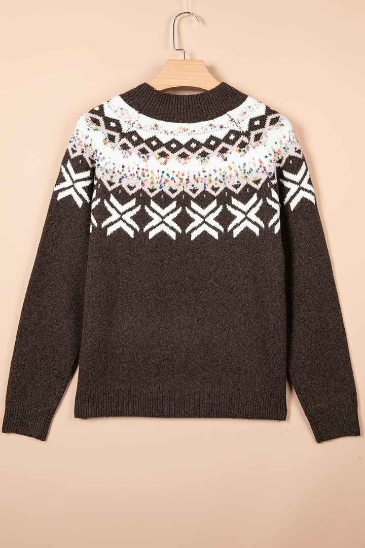 Chicory Coffee Christmas Theme Geometric Pattern Knit Round Neck Shift Sweater