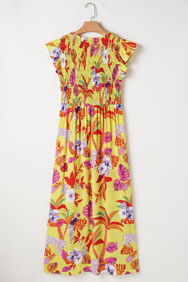 Cheetah Plant Print Shirred Button V Neck Maxi Dress