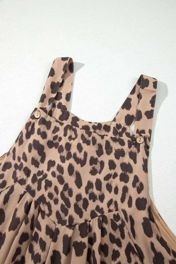 Khaki Leopard Print Square Neck Pleated Wide Leg Jumpsuit