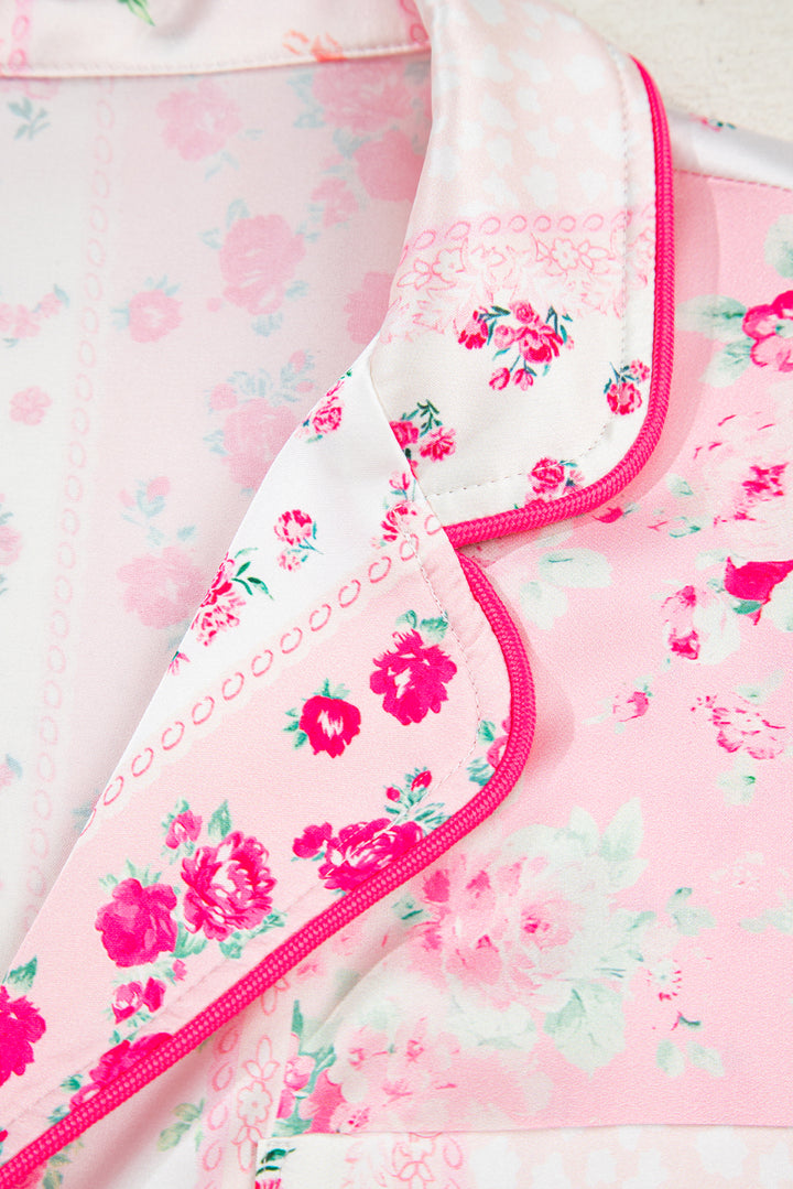 Pink Mixed Floral Print Contrast Piping Trim Satin Tie 2pcs Pajama Set