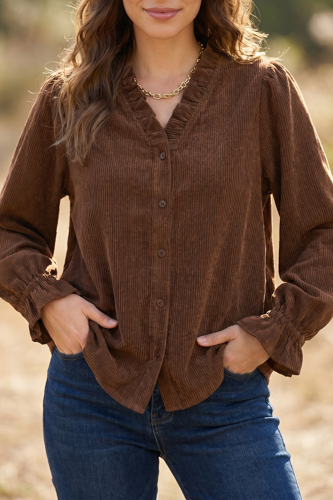 Coffee Solid Color Long Sleeve Button Corduroy Shakcet