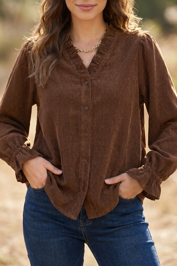 Coffee Solid Color Long Sleeve Button Corduroy Shakcet