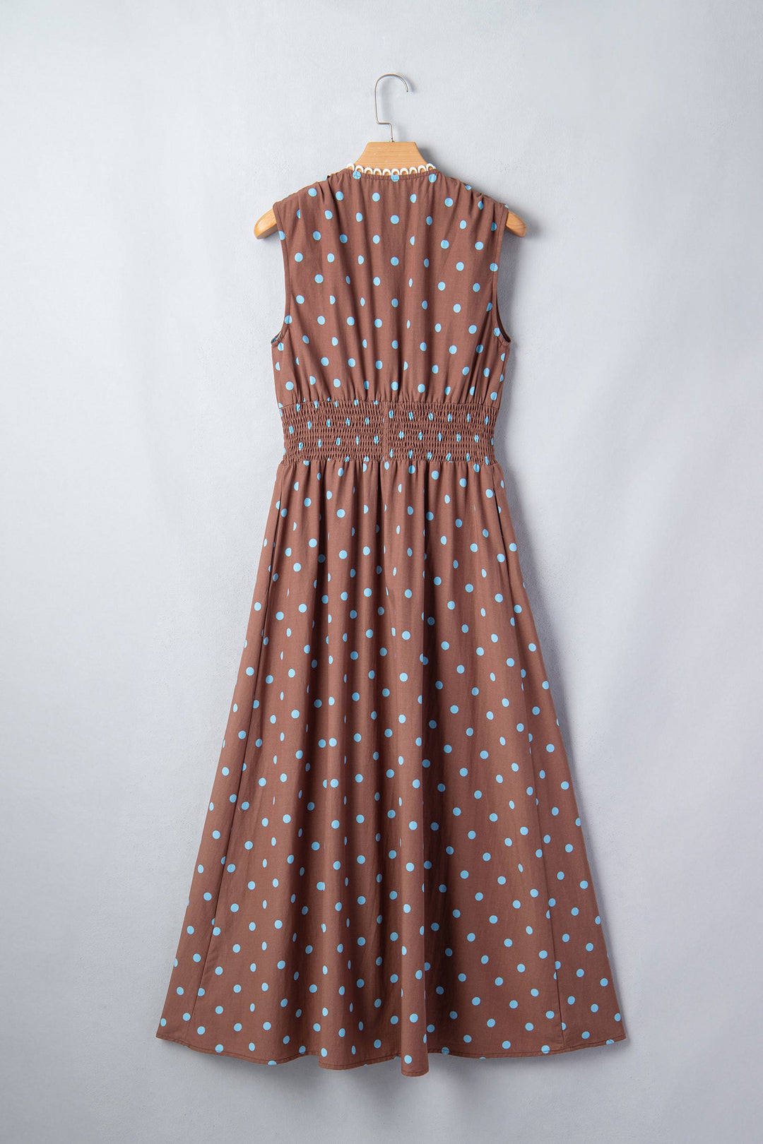 Brown Polka Dot Print Contrast Trim V Neck Zip Up Sleeveless Dress