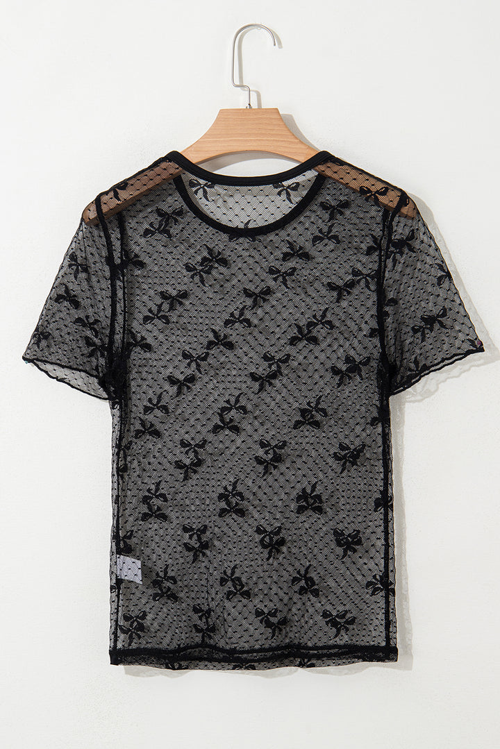 Bow Knot Dotted See-through Mesh Patched Slim Fit Blouse