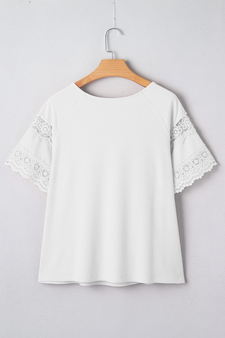 White Ribbed Lace Patchwork Short Sleeve Top