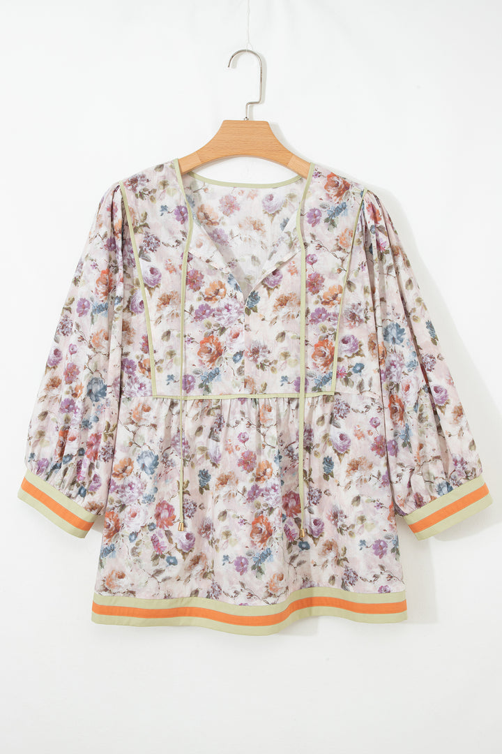 Black Plus Size Floral Print Contrast Trim Striped Detail Babydoll Blouse