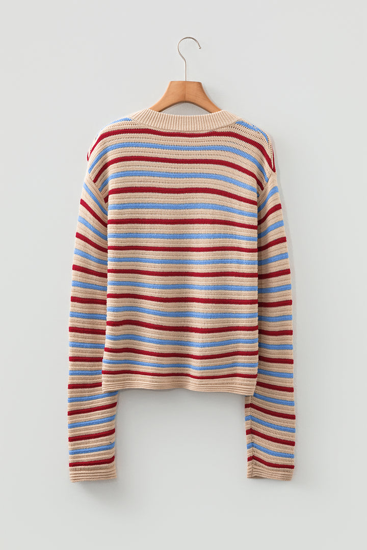 Khaki Stripe Drop Shoulder Cropped Long Sleeve Fall Sweater