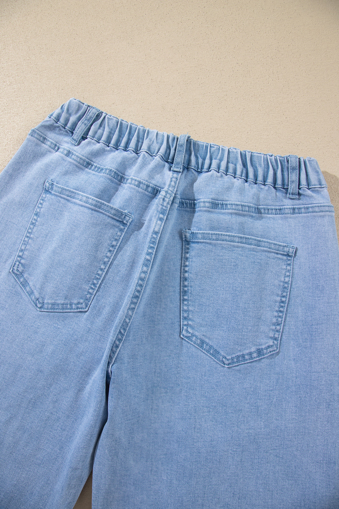 Beau Blue Solid Color Square Patch Pocket Ankle-length Barrel Jeans