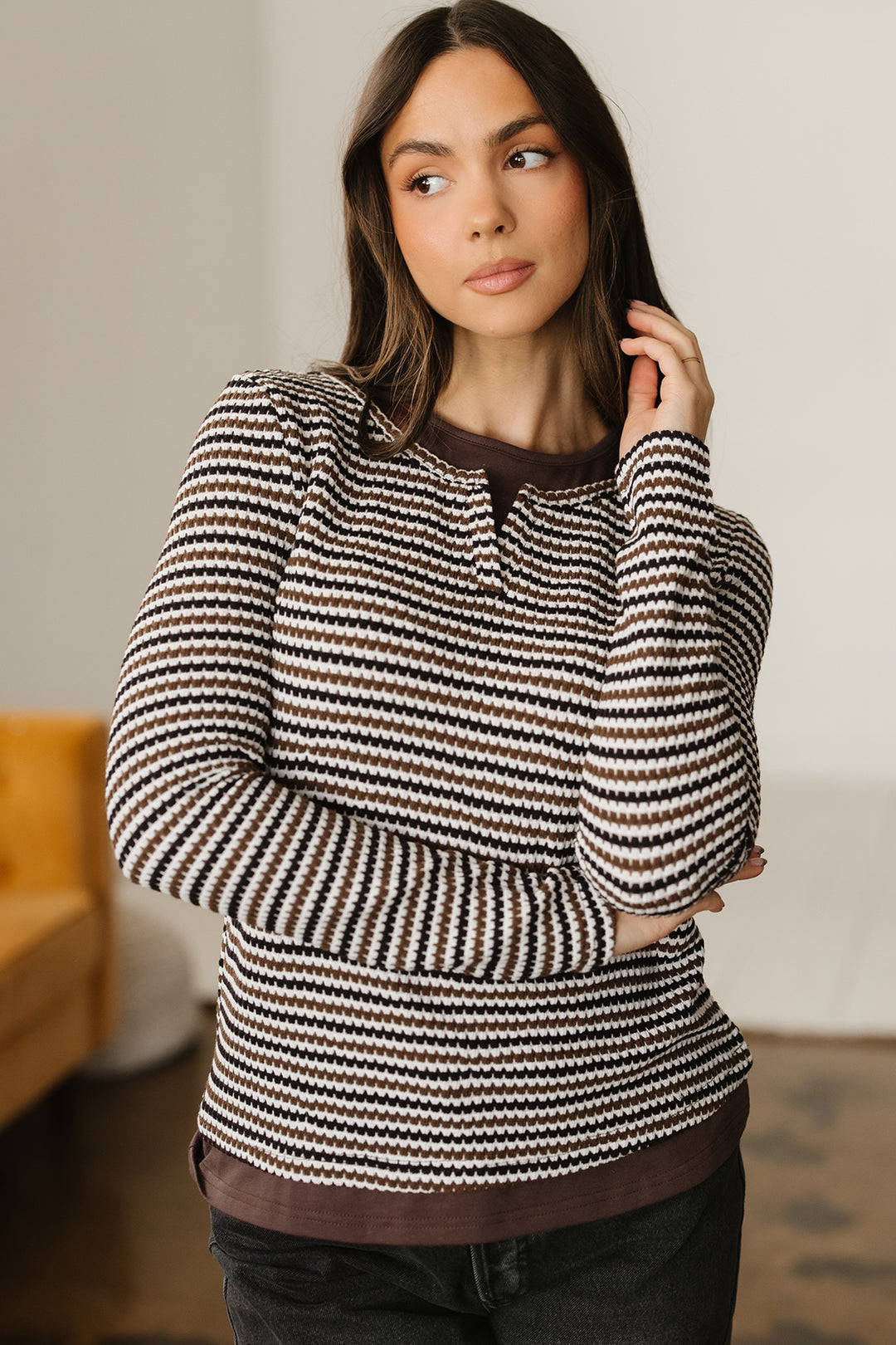 Faux Two Piece Textured Striped Round Neck Long Sleeve T Shirt