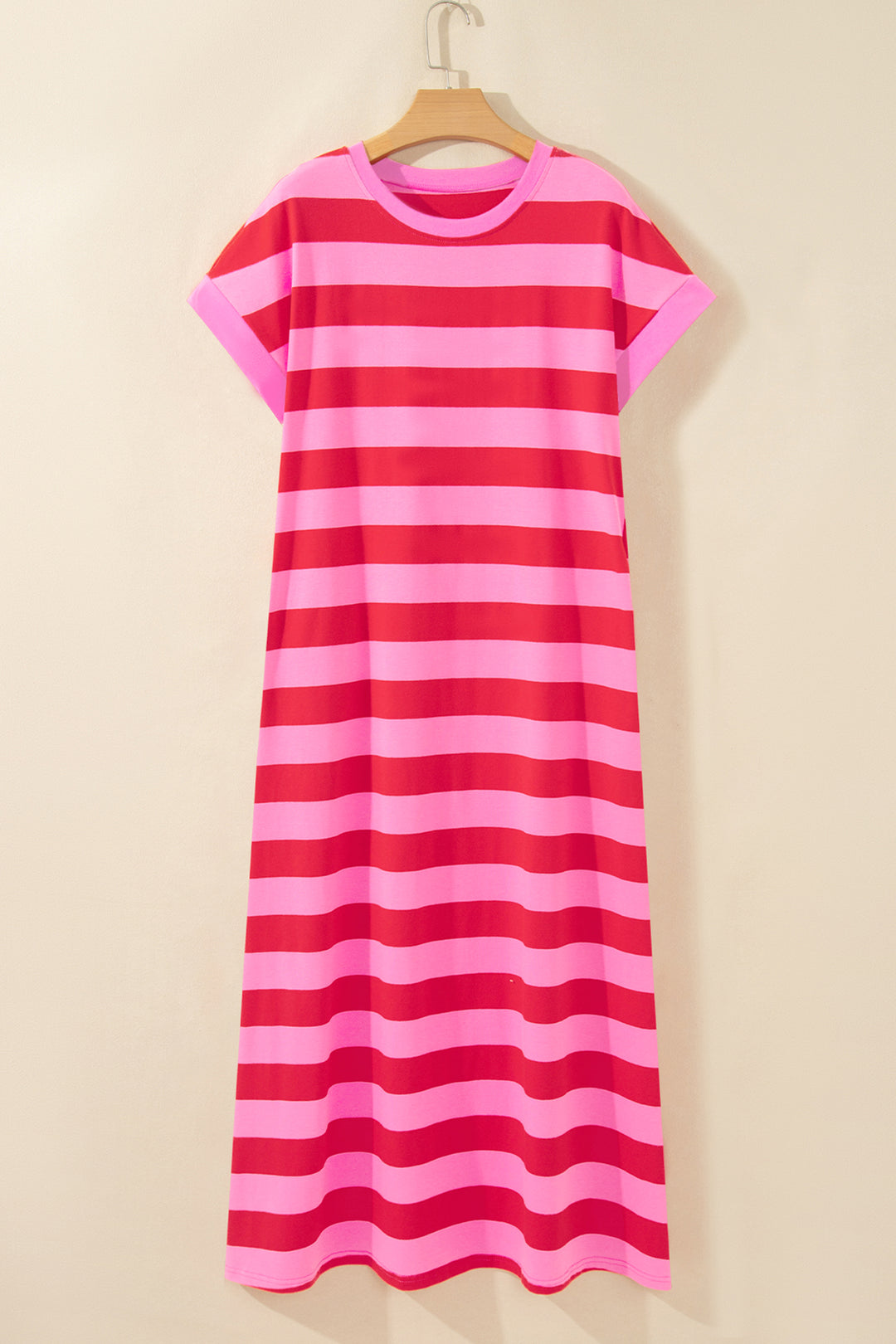 Rose Stripe Cuffed Short Sleeve Casual T Shirt Long Dress