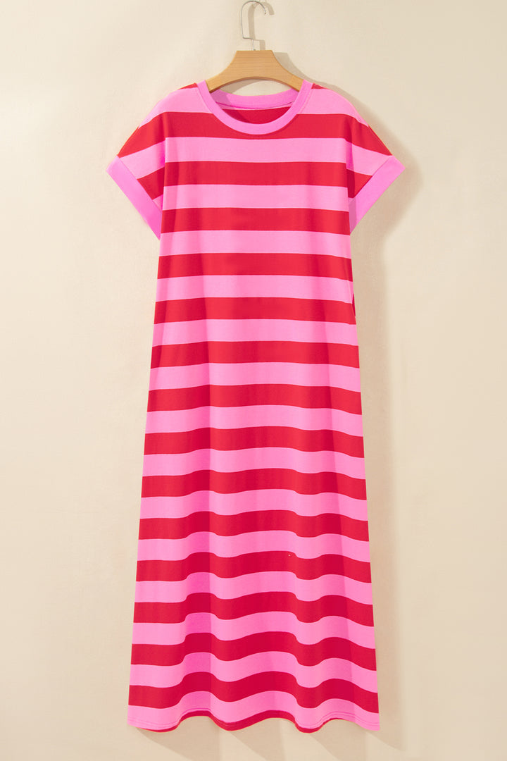 Rose Stripe Cuffed Short Sleeve Casual T Shirt Long Dress