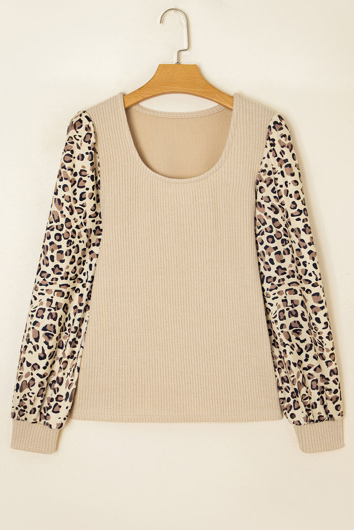 Leopard Sleeve Patchwork Ribbed Knit U Neck Top