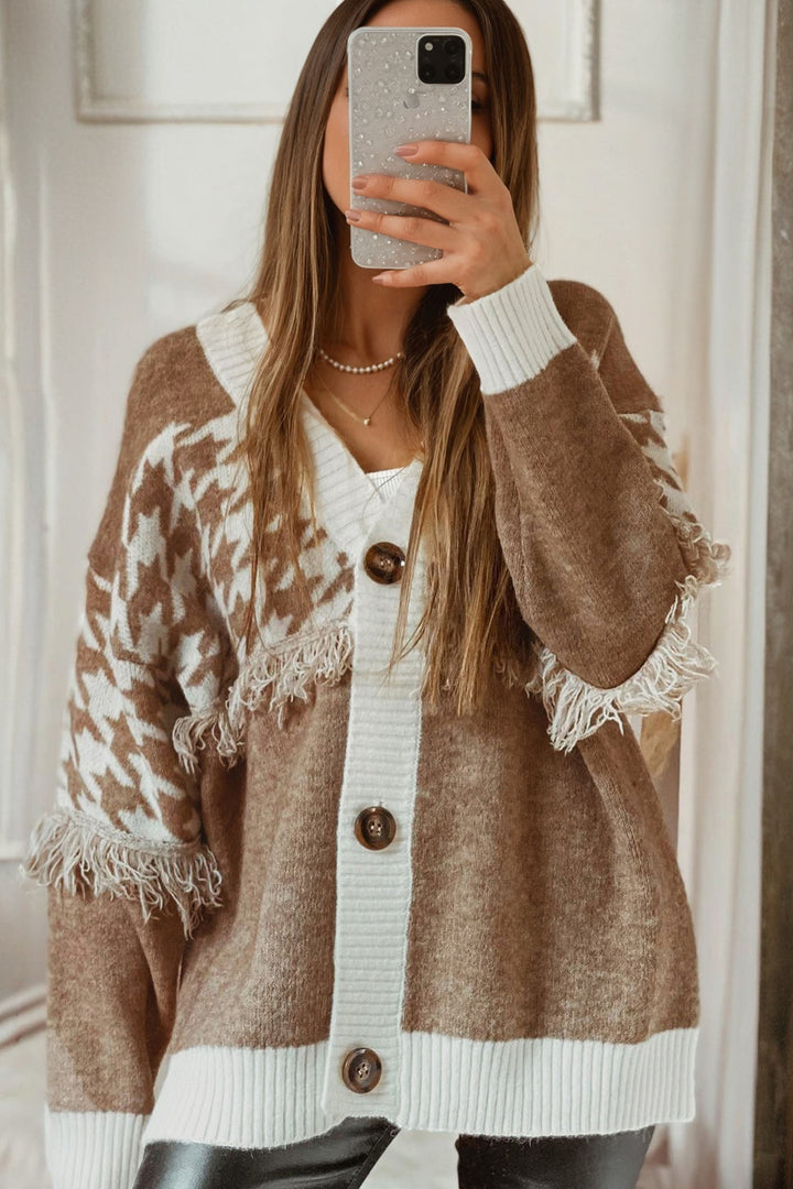 Khaki Houndstooth Color Block  Raw Edge Button Front Cardigan