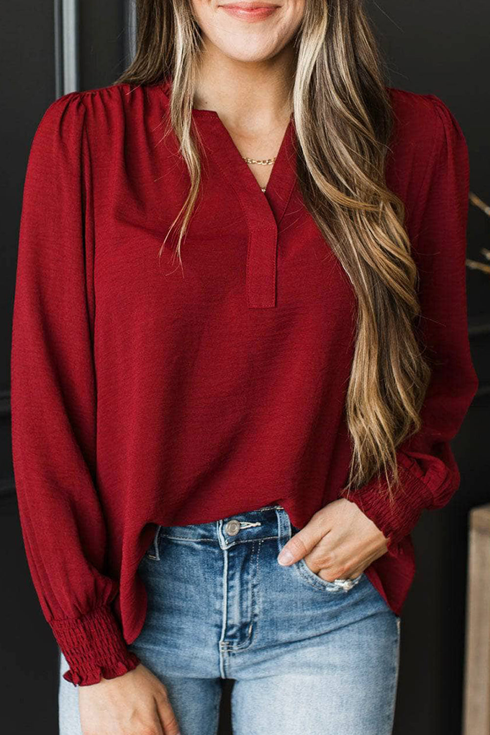 Notched Neck Shirred Cuff Long Sleeve Blouse