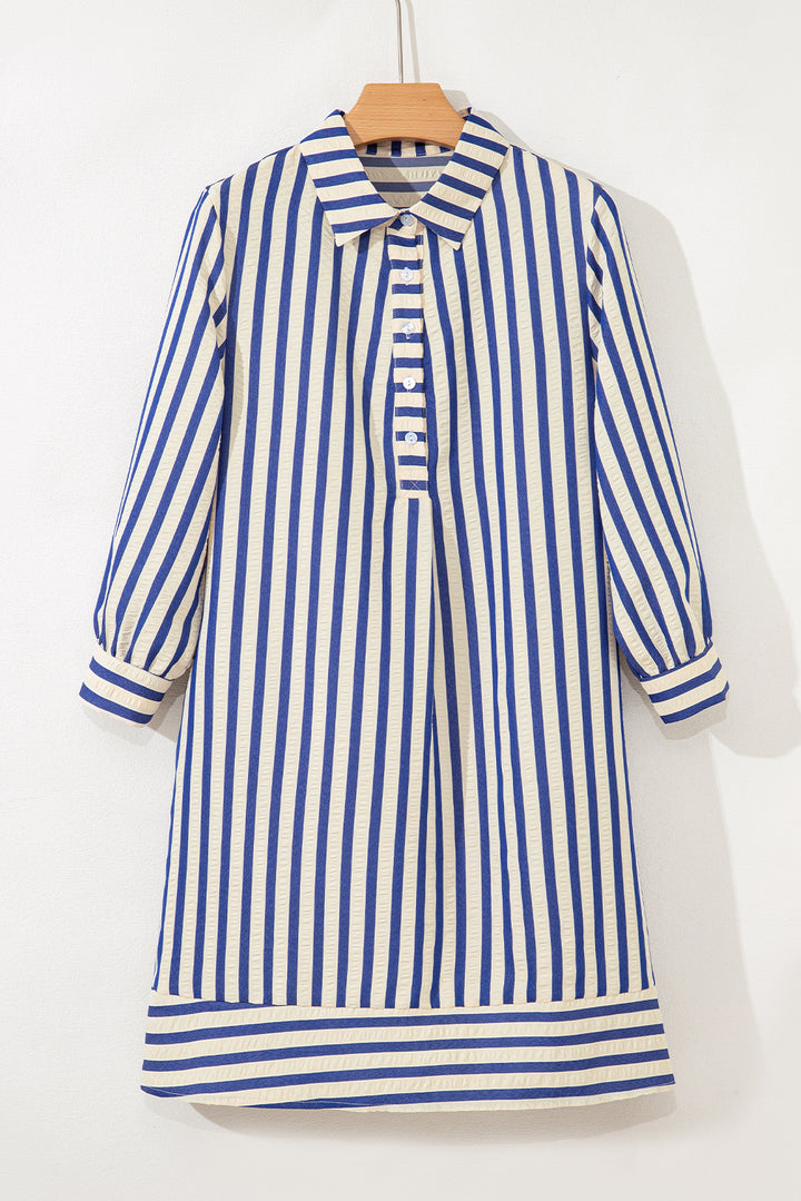 Collared Half Button Side Pockets Loose Fit Mini Dress