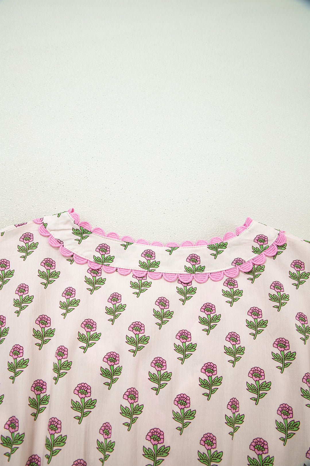 Pink Floral Print V Neck Short Sleeve Cotton Long Dress