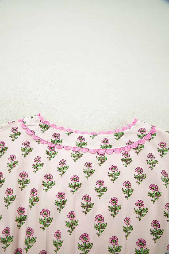 Pink Floral Print V Neck Short Sleeve Cotton Long Dress