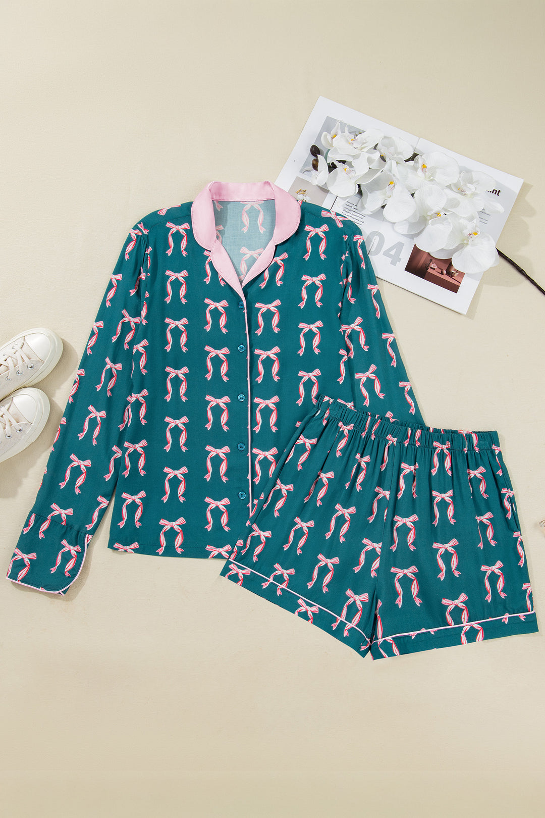 Green Ribbon Bow Print Silky Long Sleeve Shirt and Shorts 2pcs Pajama Set