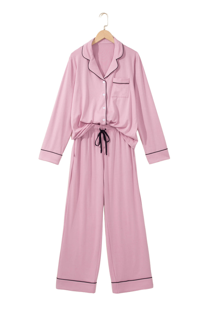 Delicacy Contrast Piping Trim Lapel Button Down Top 2pcs Lounge Pajama Set