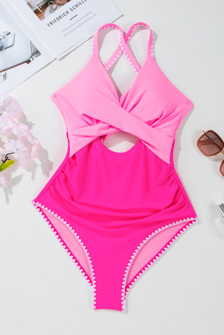 ric rac trim contrasted patchwork cutout one piece swimsuit