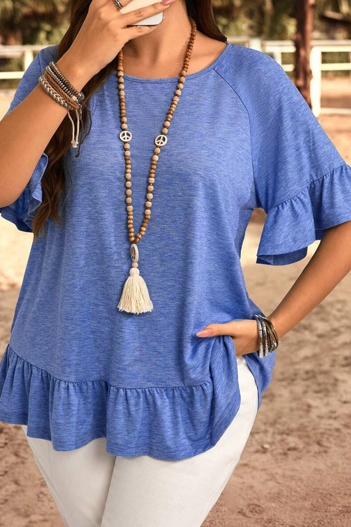 Dusk Blue Ruffled Short Sleeve Plus Size Casual Blouse