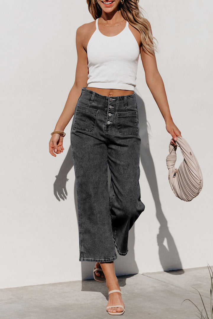 Gray High Waist Button Front Wide Leg Cropped Jeans