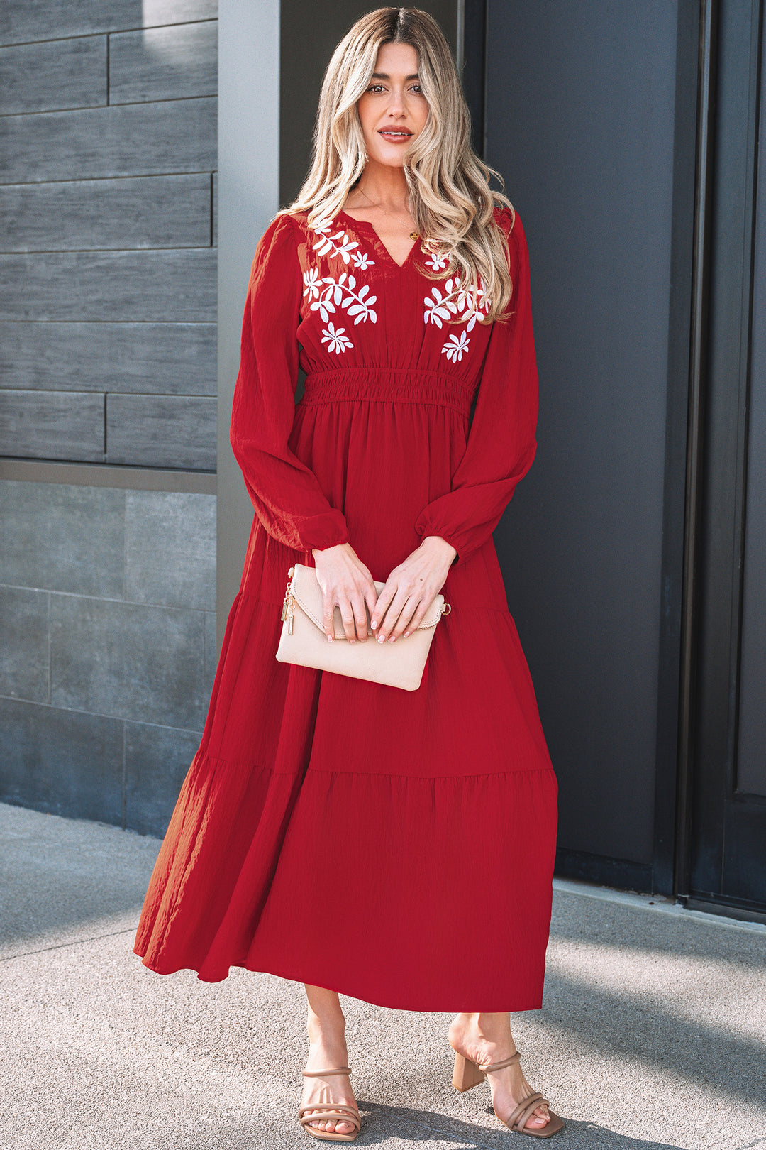 Contrast Embroidered Detail Cinched Waist Tiered Long Sleeve Maxi Dress