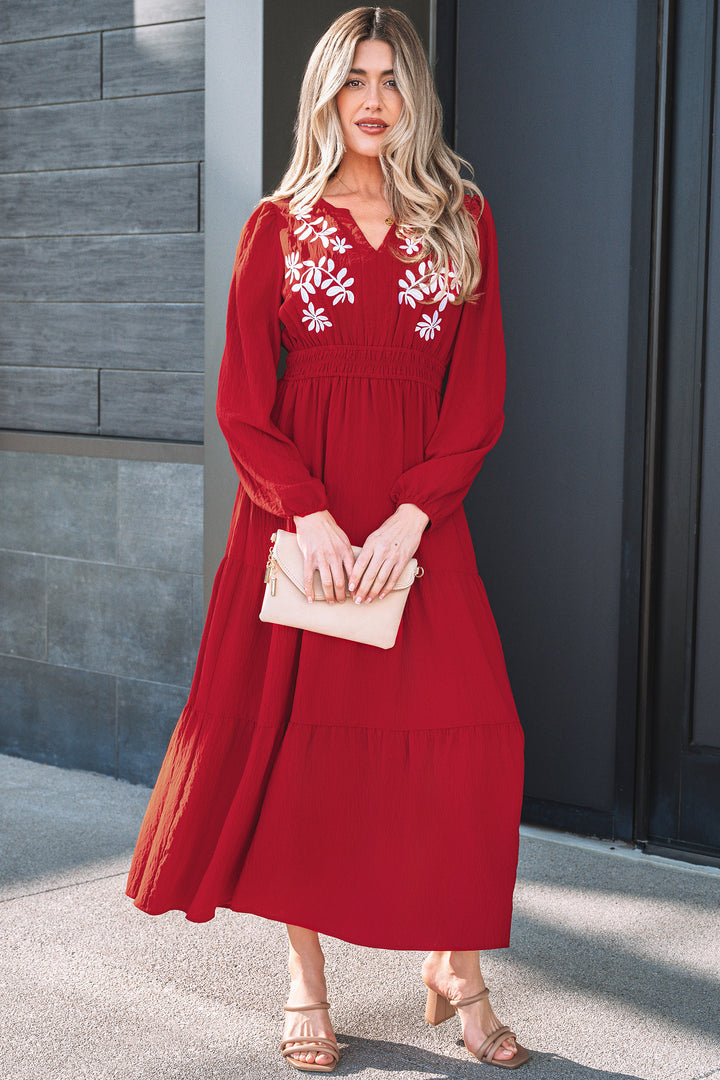 Contrast Embroidered Detail Cinched Waist Tiered Long Sleeve Maxi Dress