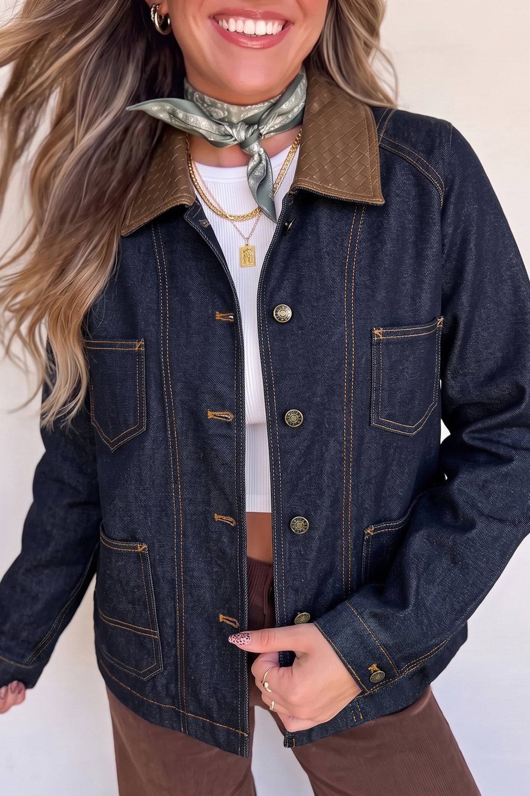 Navy Blue Contrast Collar Stitched Detail Button Denim Jacket