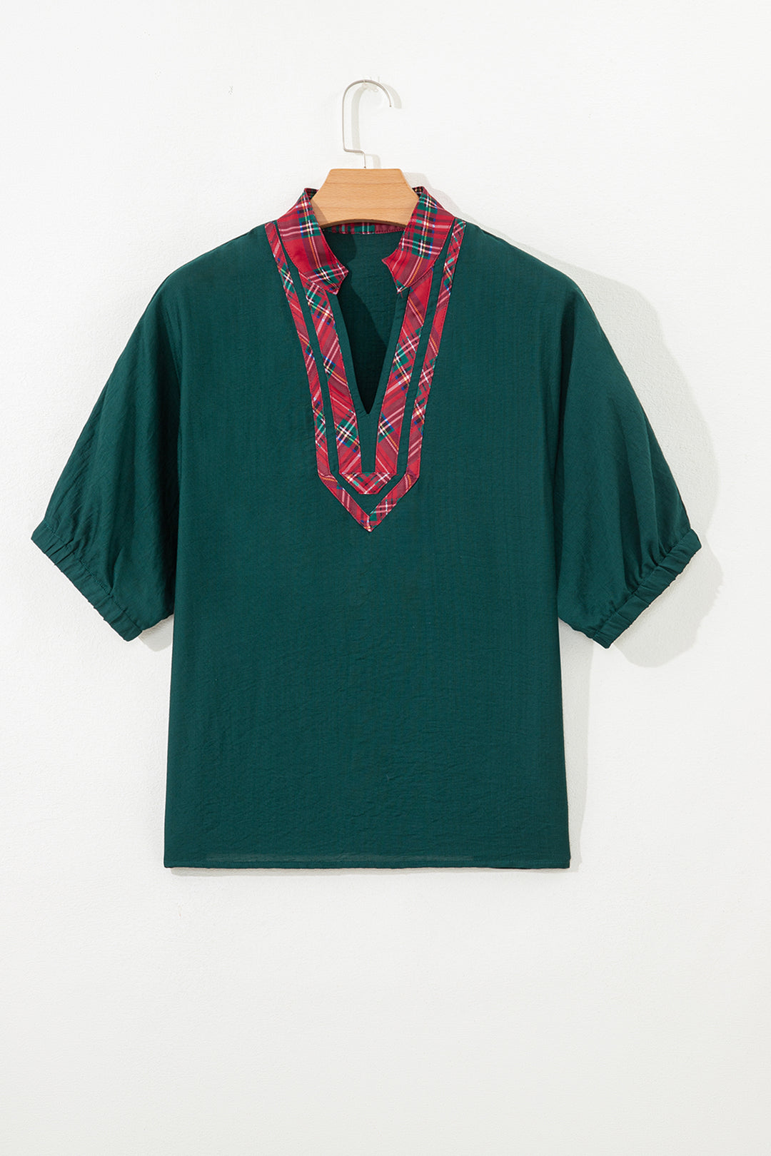 Contrast Plaid Patchwork V Neck Half Sleeve Blouse