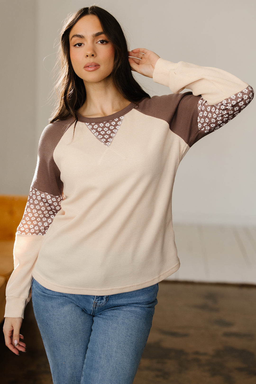 Floral Print Patchwork Color Block Long Sleeve Top