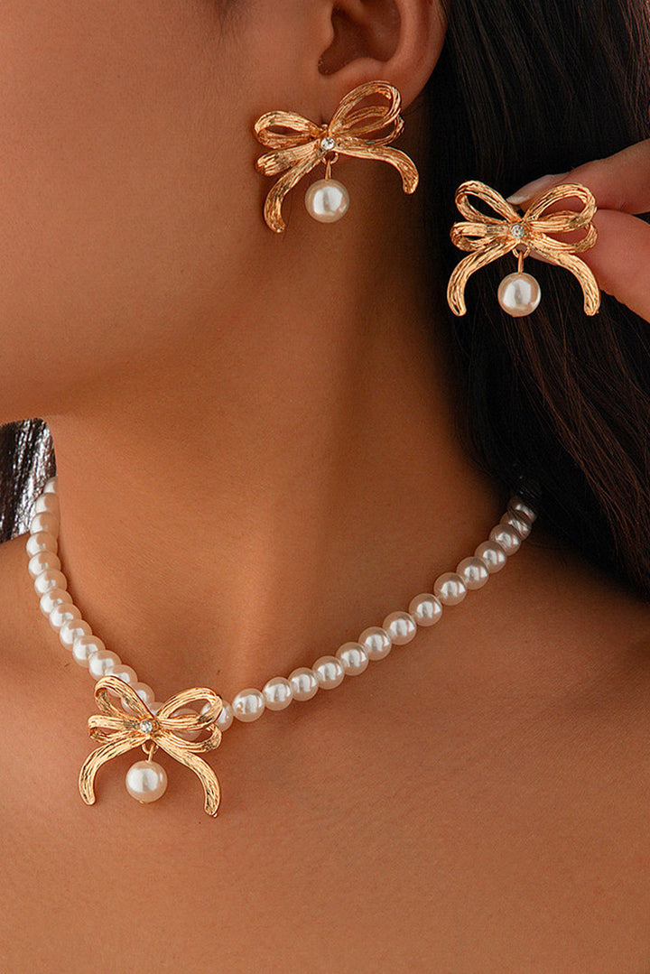 Rhinestone Pearl Bow Decor Plated Necklace and Earrings Set