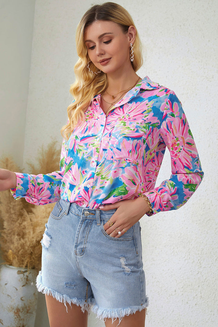 Pink Abstract Floral Print Buttoned Sheath Long Sleeve Shirt