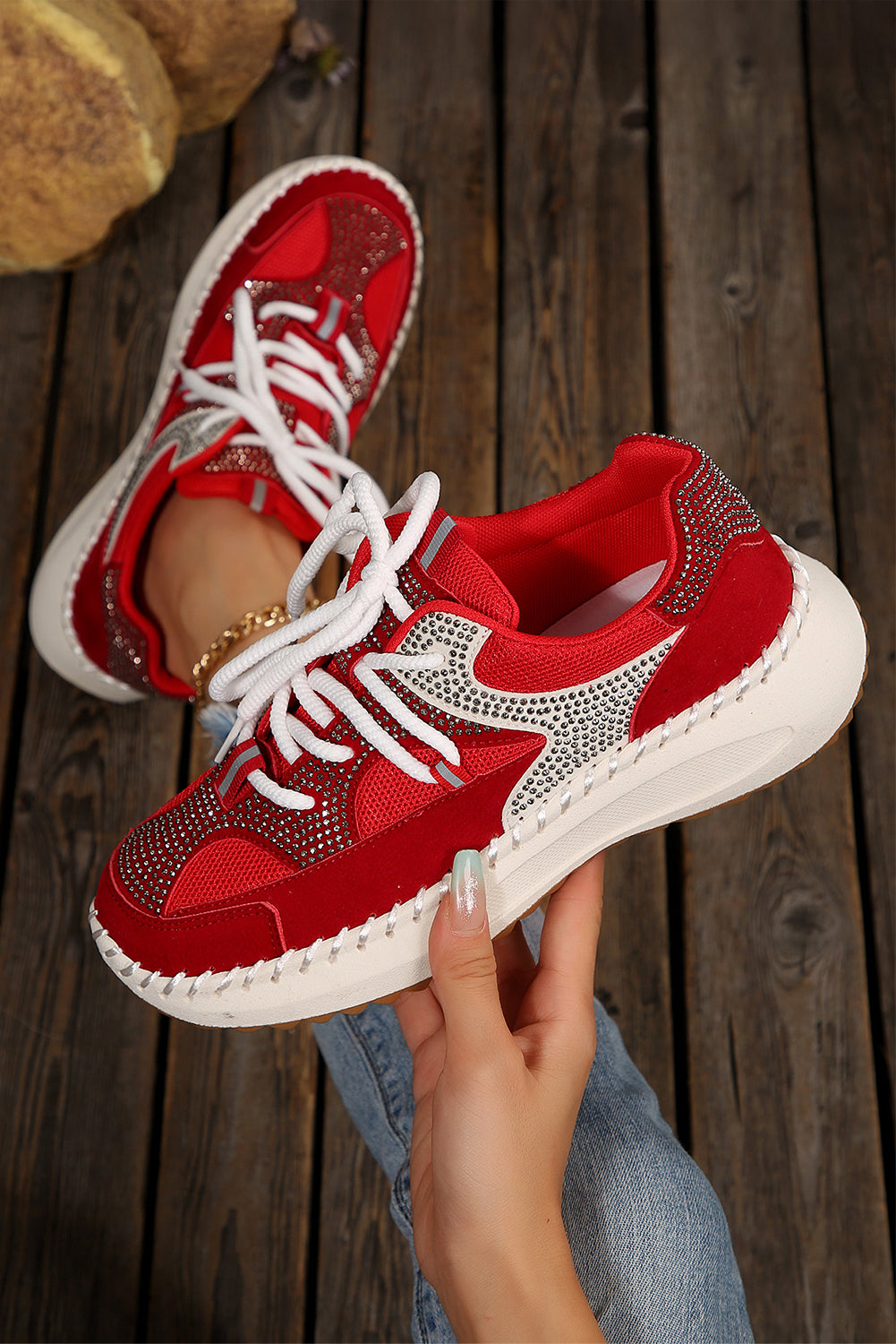 Rhinestone Embellished Color Block Patchwork Lace-up Breathable Sneakers