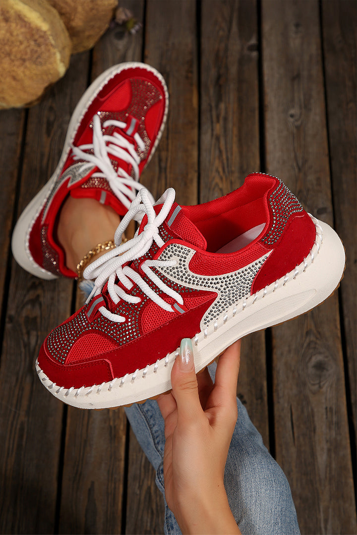 Rhinestone Embellished Color Block Patchwork Lace-up Breathable Sneakers